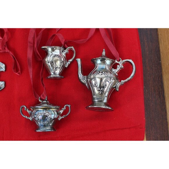 Gorham Ornament Set Silverplate Snowflakes Mini Pitcher Teapot Trio Storage Bag - Picture 4 of 16